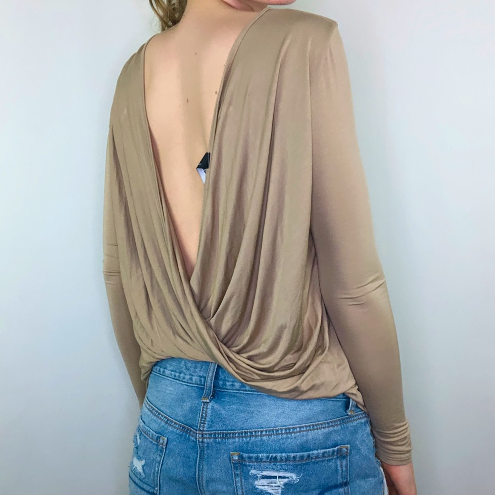 Lulu's Taupe Long Sleeve Draped Open-Back Top